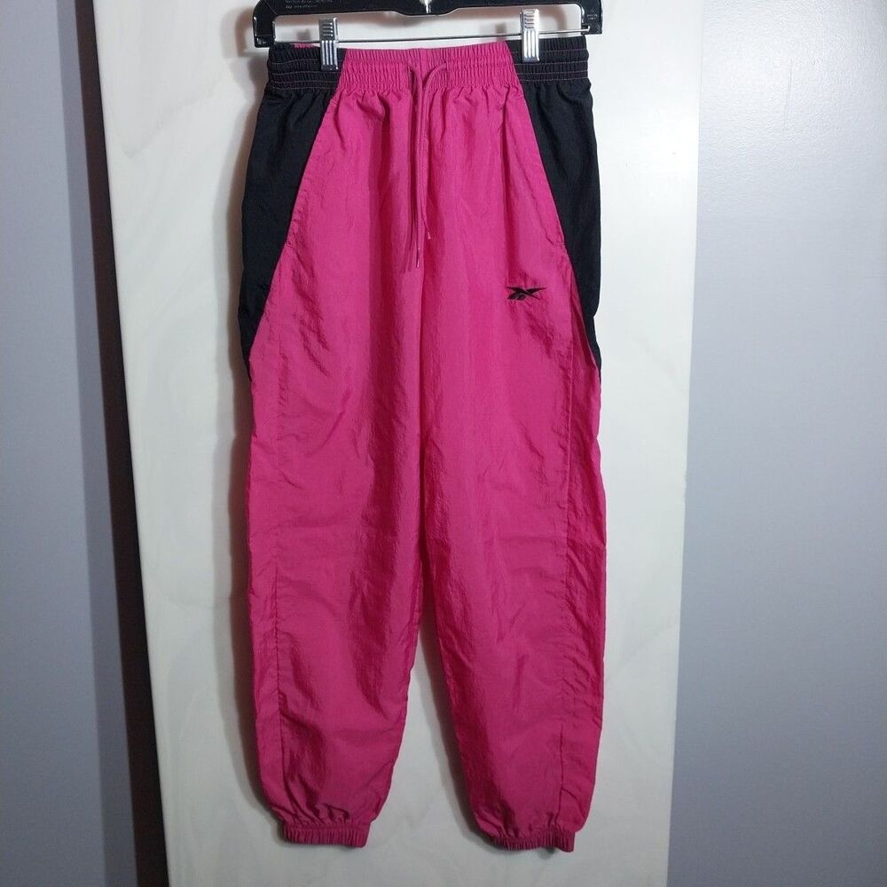 Reebok Womens Windbreaker Track Pants Small Pink Black Y2K Jogger Nylon Retro